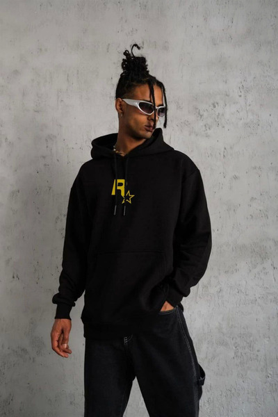 beybunn Unisex Hooded Printed Sweetshirt - Black