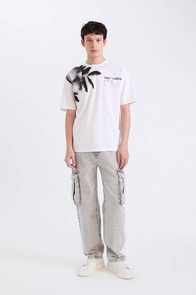 DeFacto New Season 100% Cotton Boxy Fit Crew Neck Printed Short Sleeve T-Shirt