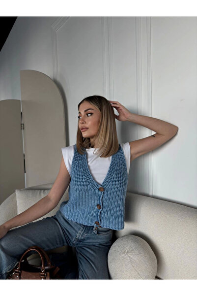velmorafashion Velmora Knitwear Sleeveless Buttoned Vest - Blue -