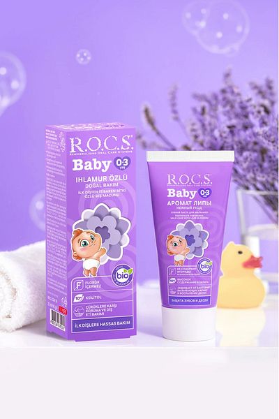 R.O.C.S. معجون أسنان للأطفال - 45 جرام خالي من الفلورايد مع مستخلص الزيزفون للأسنان واللثة الحساسة للأعمار من 0 إلى 3 سنوات