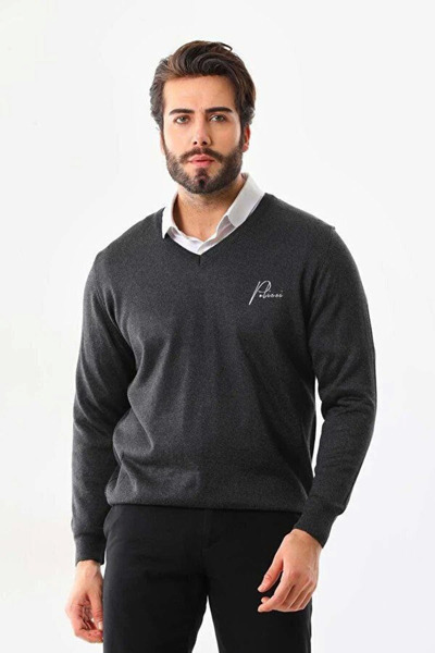 Keops Men's V-Neck Sweater Printed Woven Knitwear - Smoked