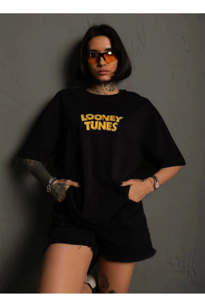 velmorafashion تي شيرت Velmora Crew Neck مطبوع قصة فضفاضة - أسود