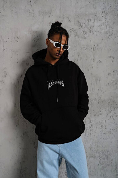 Generic Brand Men's Printed Hooded and Kangaroo Pocket Sweatshirt Hoodie - Black