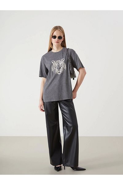 LC Waikiki Γυναικείο T-shirt LCW Vision ANTRASİT Μπλε Κατά Δερμάτινη Λεοπάρ εκτύπωσης