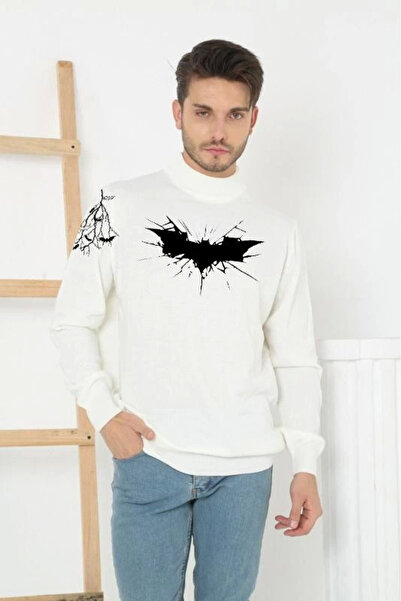 FREEDOM STOREE Men's Half-Turtleneck Sweater Printed Woven Knitwear - White