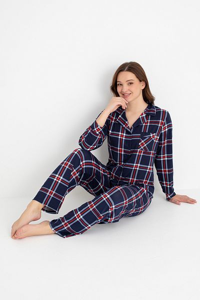 DOFİ Women S Plaid Print Navy Blue Button-Down Pajama Set – Modern and Comfortable |   Dofi