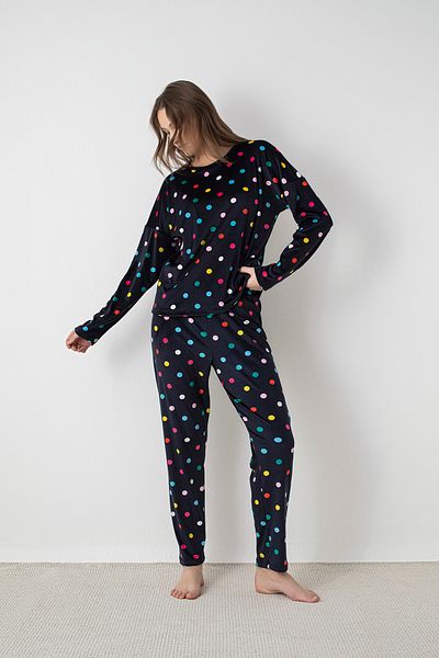 DOFİ Navy Blue Pajama Set - Colorful Polka Dot Pattern, Comfortable and Modern Made of Super Soft Fabric