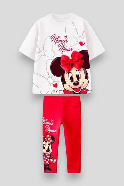 Magu Girl's Cotton Red Minnie Themed Set - Bow T-Shirt and Leggings