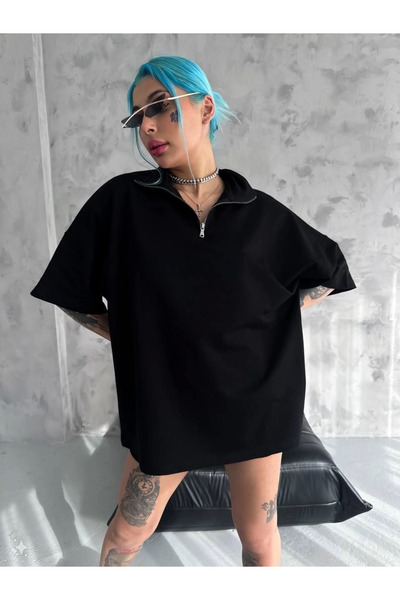 Generic Brand Women's Half Zip T-Shirt Short Sleeve T-Shirt - Black