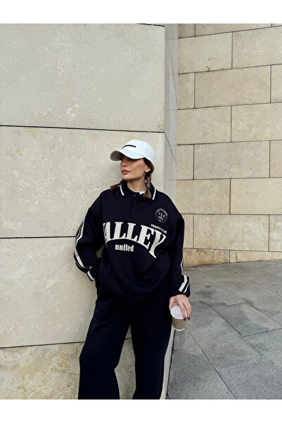 velmorafashion Velmora Three Thread Collar Sweat Baggy Pants Set - Black -