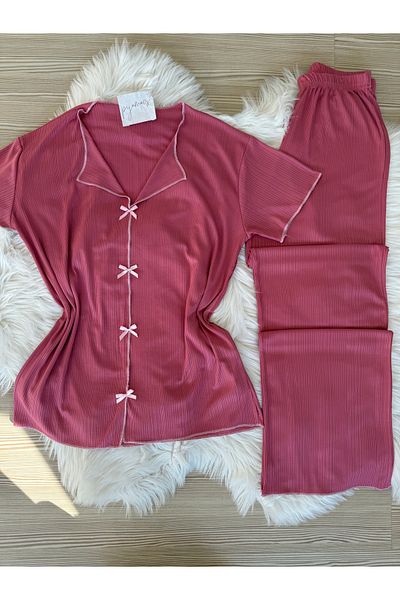 Pijamacs Dark Pink Bow Detailed Short Sleeve Pegasus Pajama Set