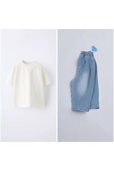 Pink Hippo Kids Set de blugi unisex Baloon Denim și tricou de bază