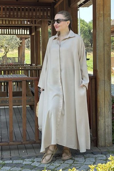 AYASOFYA OTANTIK Women's Beige Belted Oversize Loose Cotton Shirt Dress