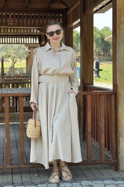 AYASOFYA OTANTIK Women's Beige Belted Oversize Loose Cotton Shirt Dress