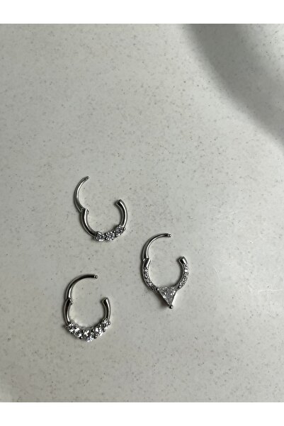 Siminkari 925 Gümüş Rodyum Kaplama Üçgen Taşlı Helix Küpe Piercing Halka
