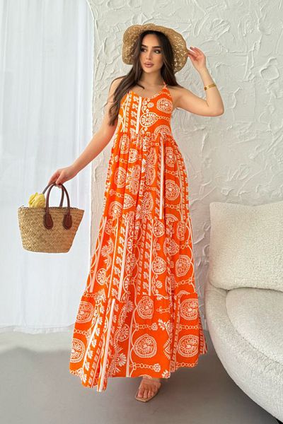 AYASOFYA OTANTIK Women's Orange Ethnic Paisley Print Long Dress with Straps