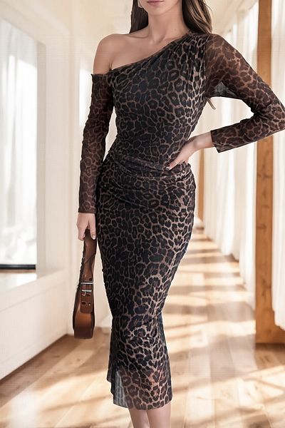 ALFUDO Moda Collection Women's Judge Collar Leopard Detail Transparent Tulle Sleeves Lined Draped Midi Evening Dress