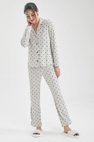 DOFİ Women's Gray Polka Dot Buttoned Pajama Set – Breathable Fabric |   Dofi