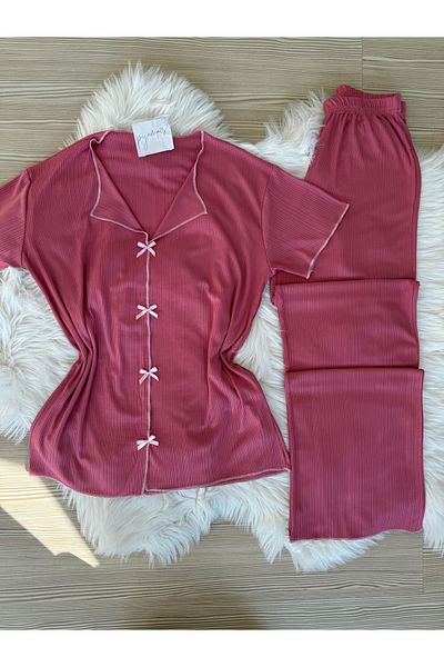 Pijamacs Dark Pink Bow Detailed Short Sleeve Pegasus Pajama Set