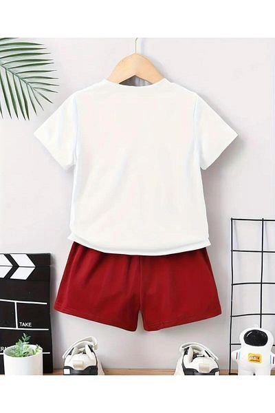 vinraus Girl\Boy White-Red Vintage Printed Shorts-Tshirt Set