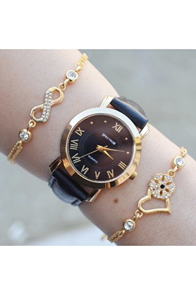 Polo Siyah Deri Kordon Kadın Saat Kombini 2766
