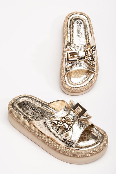 Dilimler Ayakkabı Women's Stone Wedge Heel Slippers with Gold Metal Rabbit Accessory