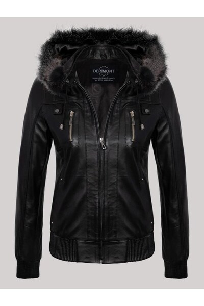 DeriWork Hakiki Kuzu Derisi Kapşon Kürklü Beli Lastikli Fermuarlı Kadın Deri ...