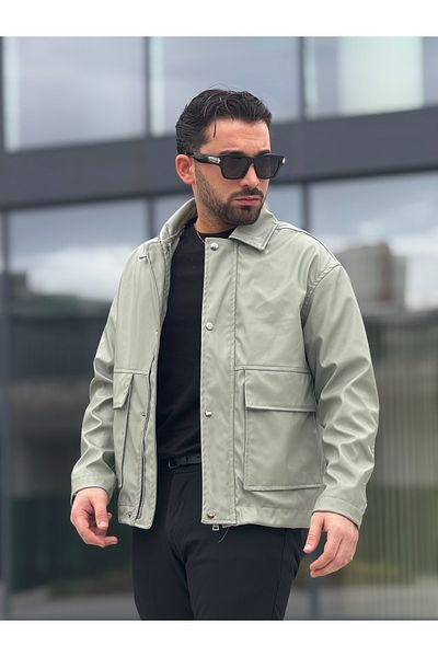 MİS MODA Men's Spring Leather Jacket with Pocket Details