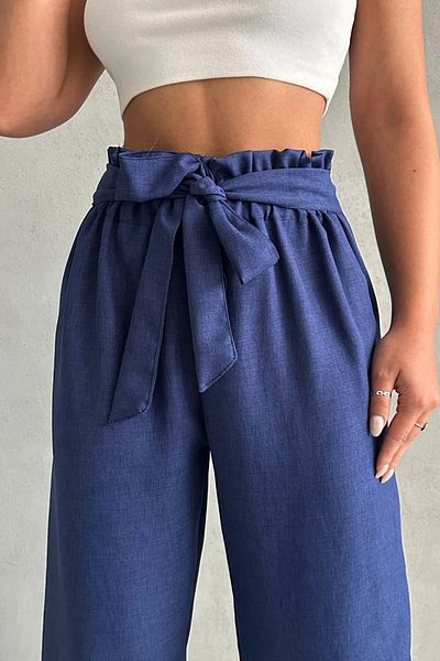 bacc Women's Navy Blue Belted Linen Woven Trousers Bchn- 2525329