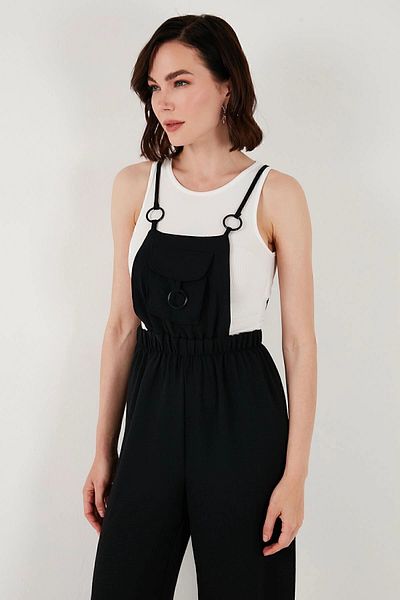 bacc Women's Black Strap Linen Blended on Pocket, Ring and Textiles Bcir- 251004   Overalls
