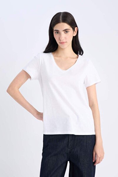 DeFacto Regular Fit V-Neck Basic Plain Short Sleeve White T-Shirt K1507Az25Sm