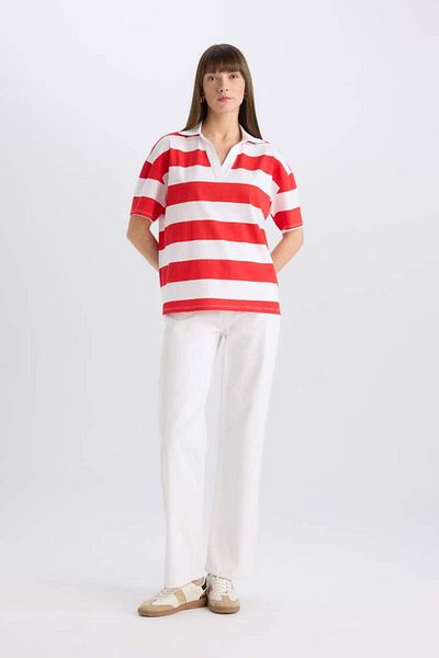 DeFacto Tricou polo cu mânecă scurtă din bumbac pieptănat cu dungi Relax Fit sezon nou