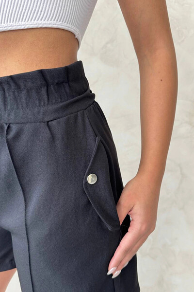 bacc Kadın Siyah Çift Cepli Beli Fırfırlı Önü Çimalı Keten Şort Bchn-2525834