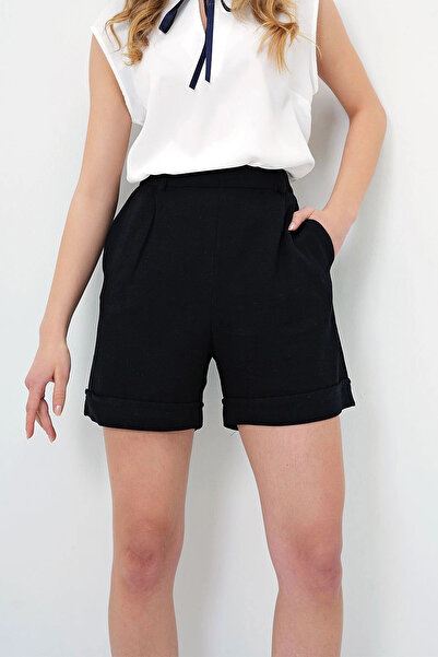 bacc Dámské černé letní plátěné tkané šortky se skrytým zipem se dvěma nohavicemi Bcır-251002