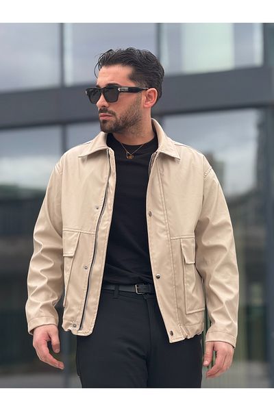 MİS MODA Men's Spring Leather Jacket with Pocket Details