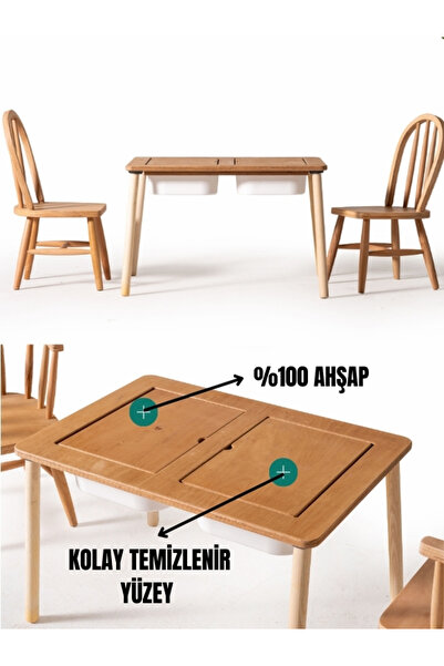 MONTESSORİ ÇİFT HAZNELİ 2 SANDALYELİ AKTİVİTE MASASI HUGO