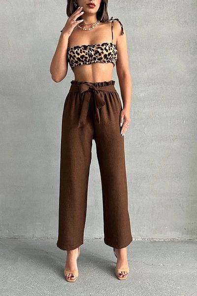 bacc Women's Brown Belted Linen Woven Trousers Bchn- 2525329