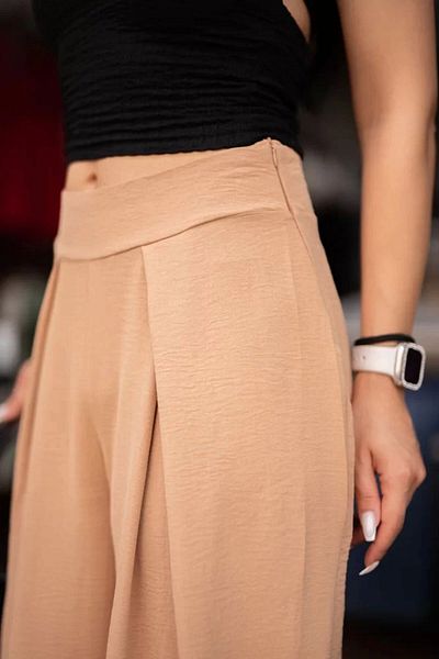 bacc Women's Beige Double Pleated Aerobin Woven Palazzo Trousers Bcır- 251003
