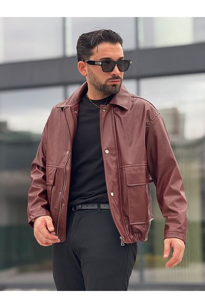 MİS MODA Men's Spring Leather Jacket with Pocket Details