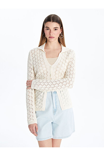 LC Waikiki Cardigan tricotat pentru femei, bej, cu guler polo tricotaj cu asp...