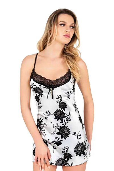 Viselya ثوب نوم أبيض من الساتان الأزهار السوداء