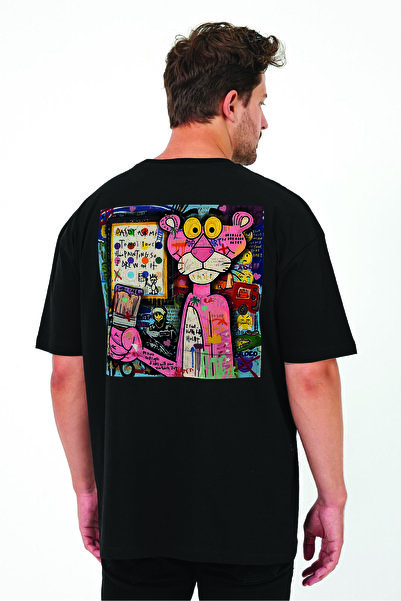 By Caspita Fashion Lenithra Pembe Panter Sırt Baskılı Unisex Oversize Siyah T-shirt