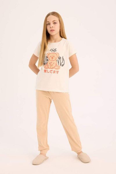 DeFacto New Season Girls' Pajamas Set Printed Short Sleeve Top Elastic Waist Long Bottom