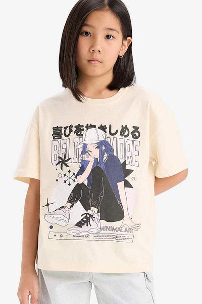 DeFacto New Season Girl's Oversize Wide Fit Crew Neck Printed Short Sleeve T-Shirt