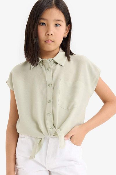 DeFacto New Season Girls' Crop Front Tie Cotton Short Sleeve Shirt