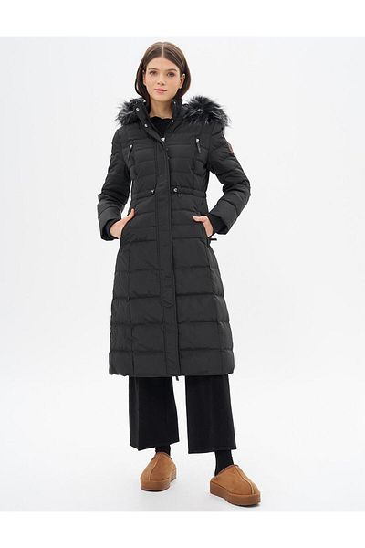 Kayra Goose Feather Padded Waist Drawstring Coat Black