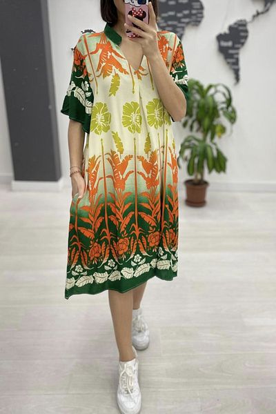 AYASOFYA OTANTIK Rochie midi cu mânecă scurtă, bej, portocaliu, verde, cu decolteu cu imprimeu, buzunare laterale