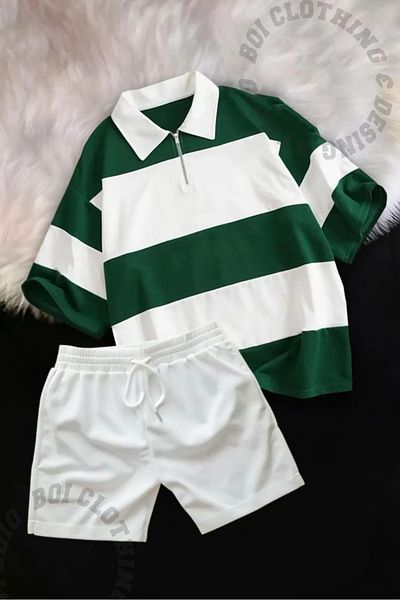 Boi Unisex Polo Neck Half Zipper Casual Bottom-Top Polo T-Shirt Shorts Set -Women Men Oversize Set
