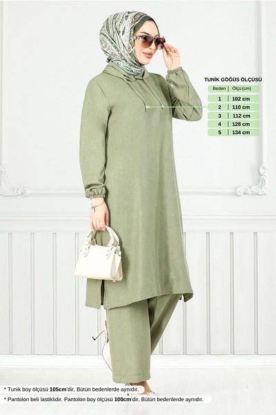 ModaMerve Hooded Linen Suit 824Ozr1047-M Çağla