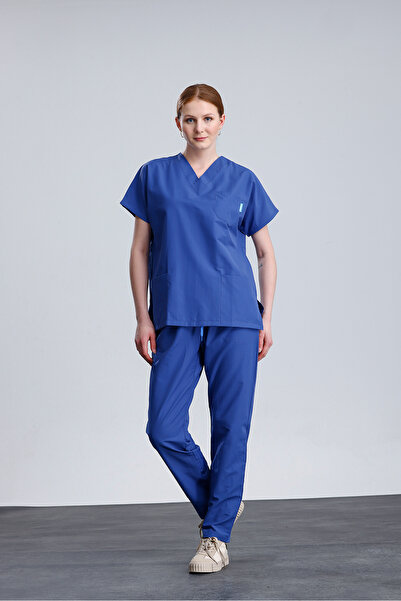 Snow Form Medical Apparel Üniforma Mavi Likralı Unisex Yarasa Kol Hemşire Ve Doktor Forması Takımı Scrubs